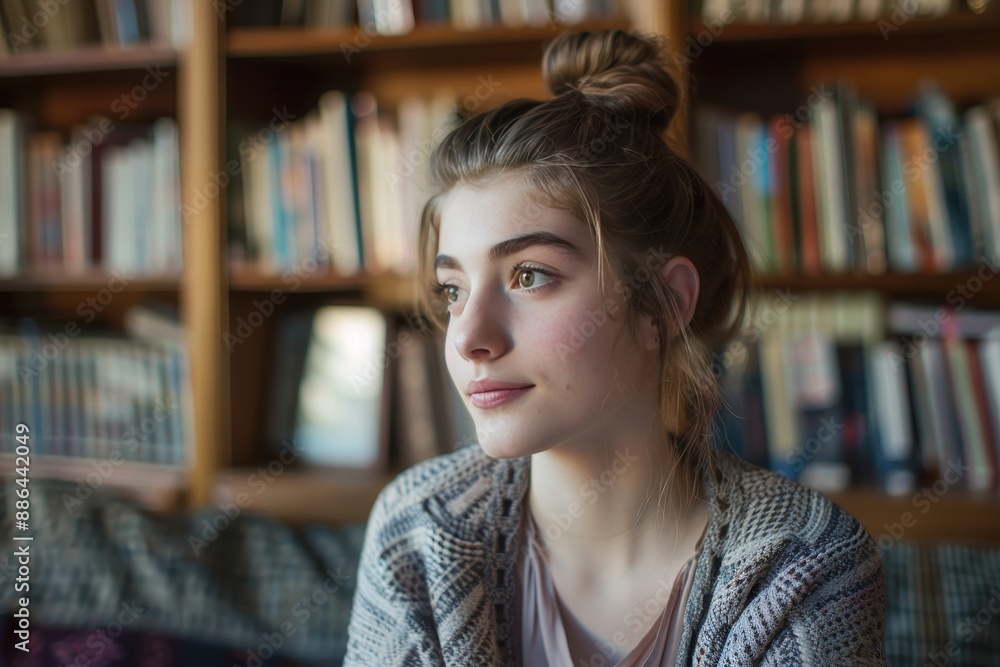 Serene Young Woman in Library with Neat Bun Hairstyle and Cozy Cardigan - Intellectual and Calm Atmosphere Close-Up Shot Serene Young Woman in Library with Neat Bun Hairstyle and Cozy Cardigan - Intellectual and Calm Atmosphere Close-Up Shot