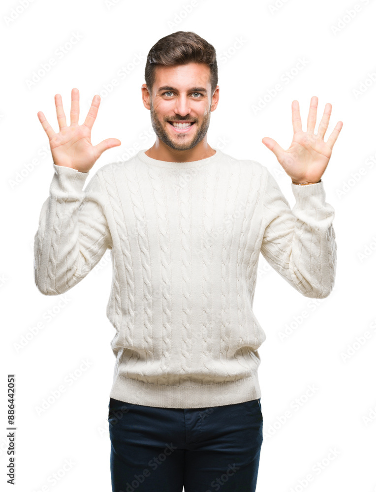 Young handsome man wearing winter sweater over isolated background showing and pointing up with fingers number ten while smiling confident and happy. Young handsome man wearing winter sweater over isolated background showing and pointing up with fingers number ten while smiling confident and happy.