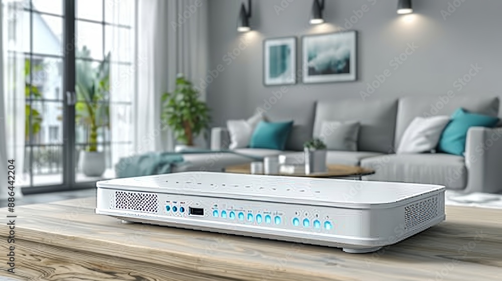 Modern smart home wi fi router for internet connectivity in network wireless device concept Modern smart home wi fi router for internet connectivity in network wireless device concept