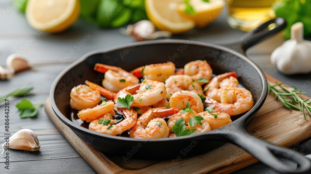A rustic kitchen scene with a skillet of sizzling garlic butter shrimp and fresh ingredients. A rustic kitchen scene with a skillet of sizzling garlic butter shrimp and fresh ingredients.