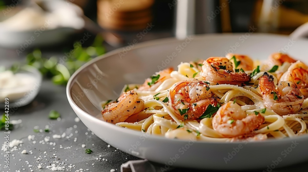 A photorealistic image of a garlic butter shrimp pasta dish with creamy sauce. A photorealistic image of a garlic butter shrimp pasta dish with creamy sauce.