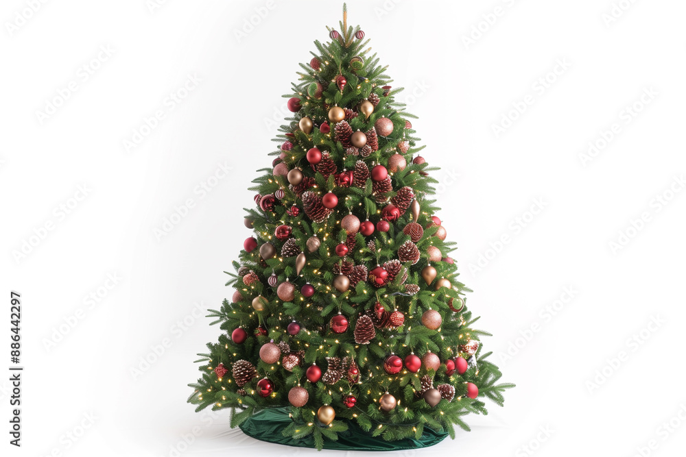 A fully decorated Christmas tree with twinkling lights and ornaments, standing against a pristine white background.