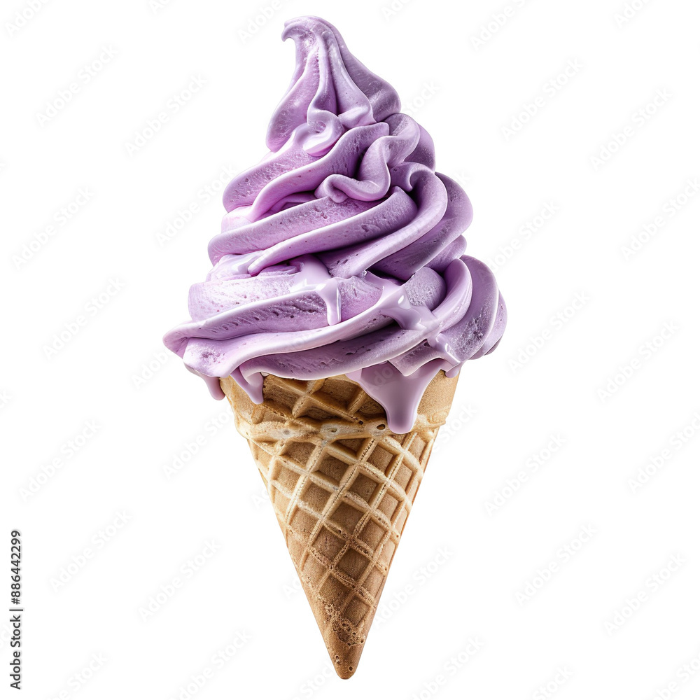 Front view of a delicious looking lavender softee swirl in a waffle cone levitating in the mid-air isolated on a white transparent background Front view of a delicious looking lavender softee swirl in a waffle cone levitating in the mid-air isolated on a white transparent background