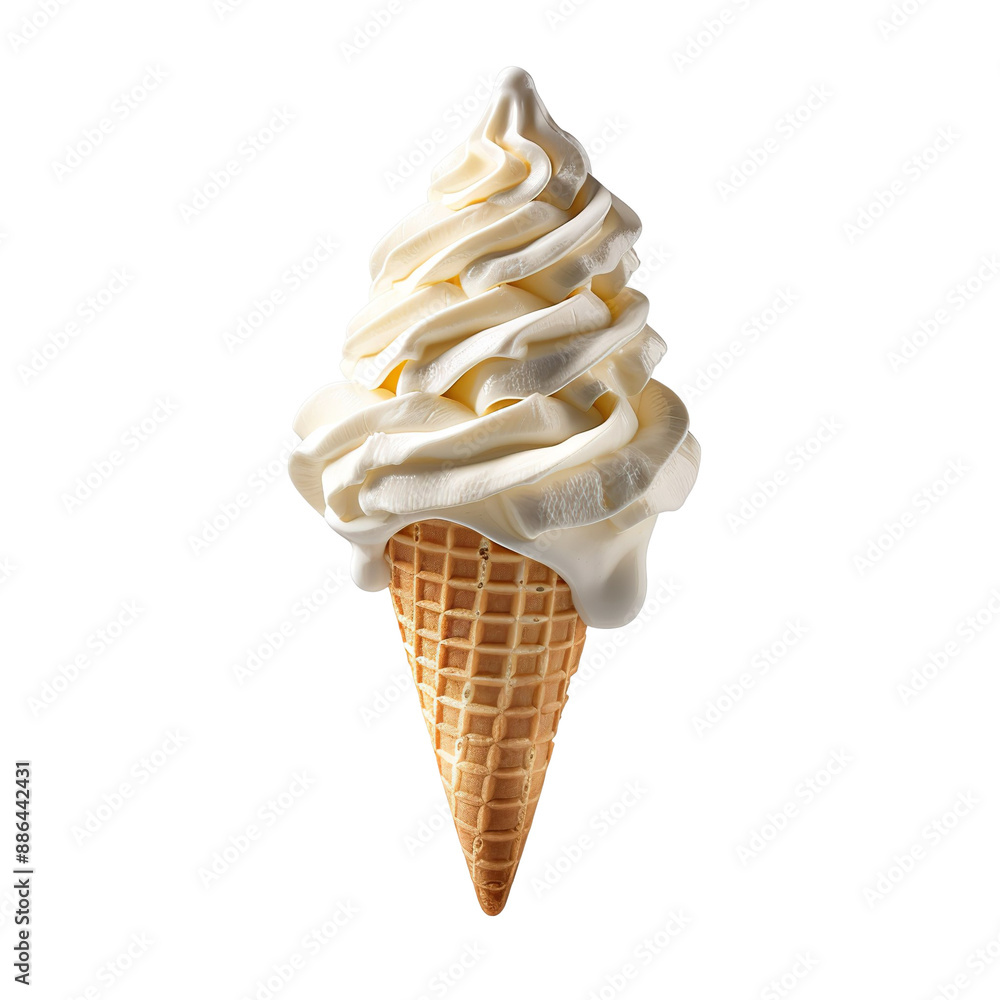 Front view of a delicious looking marshmallow softee swirl in a waffle cone levitating in the mid-air isolated on a white transparent background Front view of a delicious looking marshmallow softee swirl in a waffle cone levitating in the mid-air isolated on a white transparent background