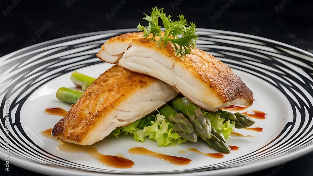 Fried gourmet skrei cod fish filet with green asparagus and lettuce offered as top view on a modern design plate Fried gourmet skrei cod fish filet with green asparagus and lettuce offered as top view on a modern design plate