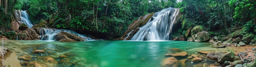 Fototapeta premium Tropical Waterfall Cascade in Lush Green Forest