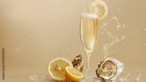 Fototapeta Naklejka Na Ścianę i Meble -  Promotional photo of a glass of sparkling wine with oysters and a slice of lemon.