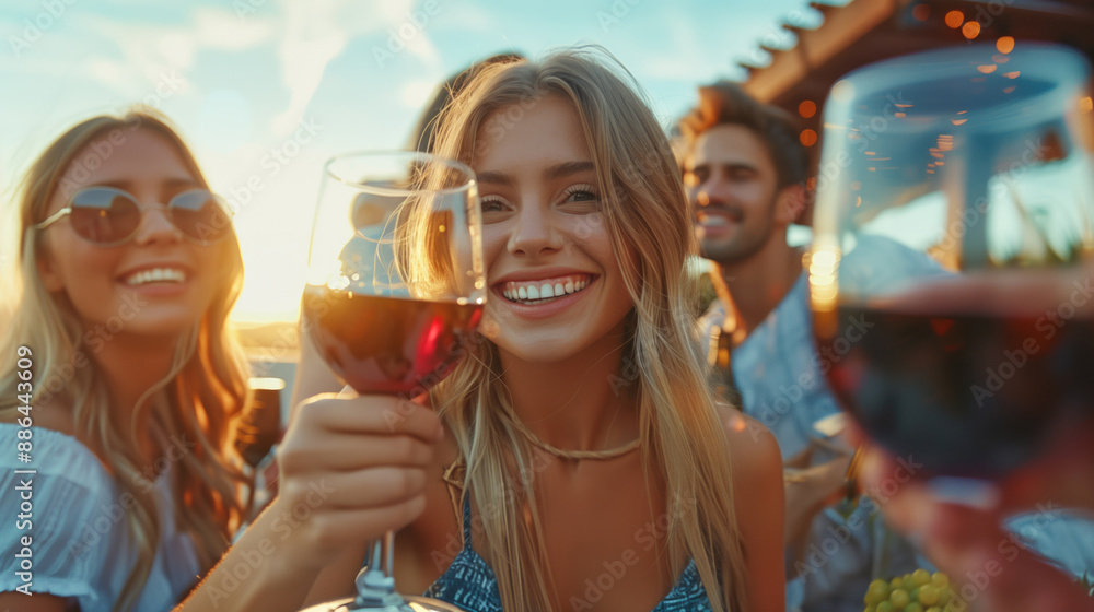 Group of friends toasting with wine glasses during sunset at a beach party. Summer celebration, vacation, togetherness, friendship, leisure, outdoor event, happiness, enjoyment Group of friends toasting with wine glasses during sunset at a beach party. Summer celebration, vacation, togetherness, friendship, leisure, outdoor event, happiness, enjoyment