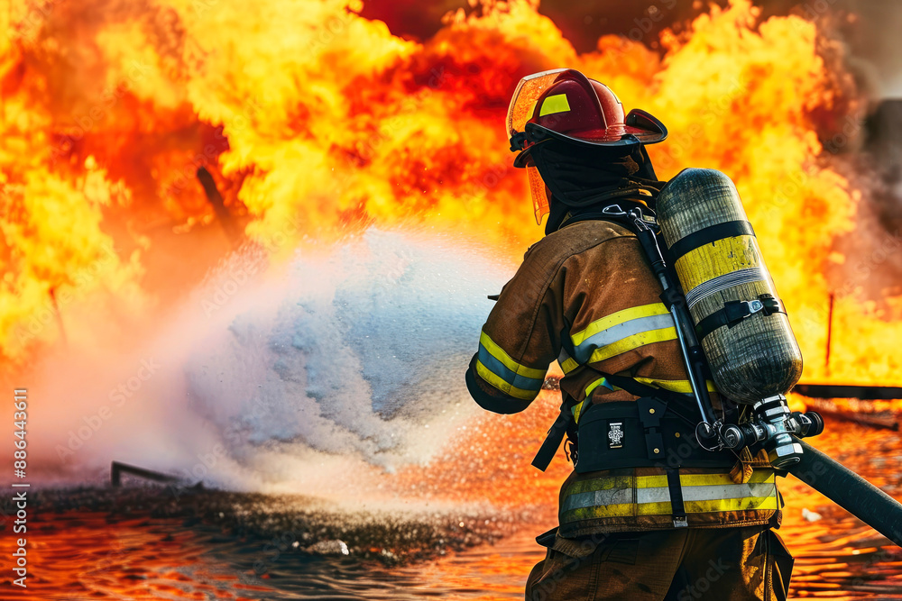 Fototapeta premium A brave firefighter dressed in full gear fights a fierce blaze with a hose, showcasing courage and preparation in the face of daunting danger.