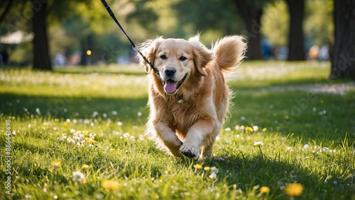 Fototapeta Naklejka Na Ścianę i Meble -  A happy Golden Retriever walks on a leash in a sunny park, enjoying a lovely day outdoors with its owner.