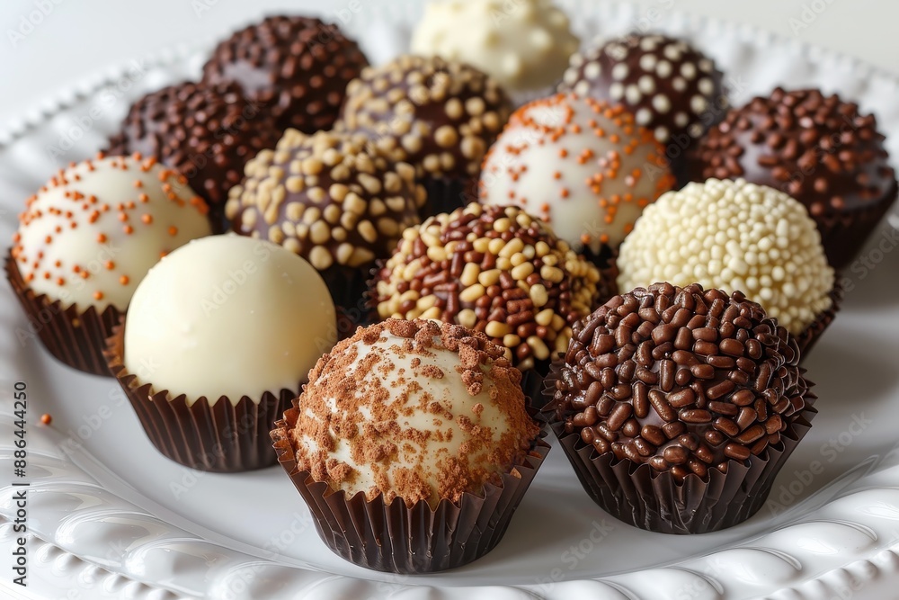 Brazil: Brigadeiros Small, round chocolate truffles covered in chocolate sprinkles, arranged in a neat row on a white plate Brazil: Brigadeiros Small, round chocolate truffles covered in chocolate sprinkles, arranged in a neat row on a white plate