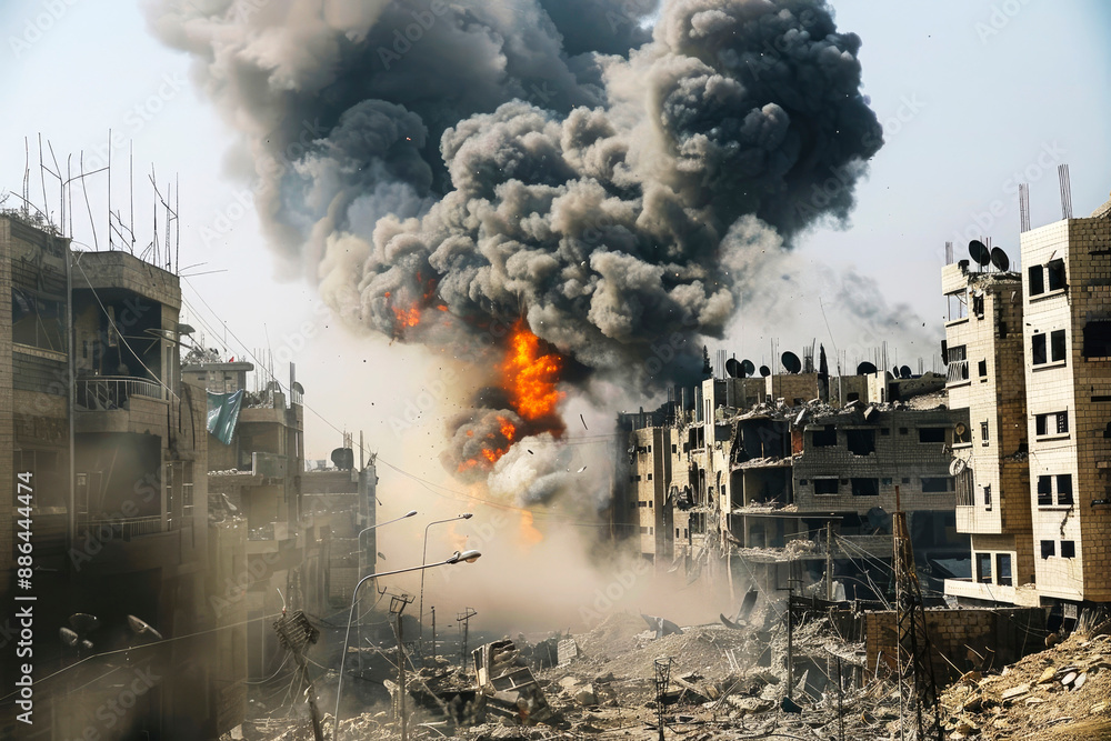 Fototapeta premium A devastating explosion in an urban area, showing extensive damage and smoke, portraying the chaos and destruction resulting from the blast.
