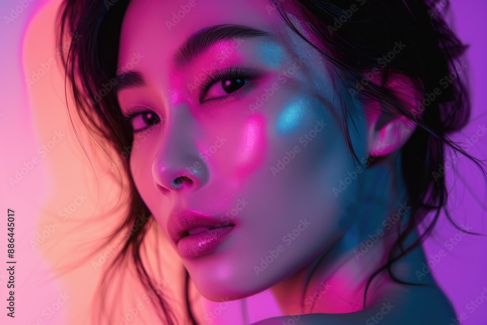 Minimalistic neon effect photography of an Asian woman with pink skin in a studio shot. Minimalistic neon effect photography of an Asian woman with pink skin in a studio shot.