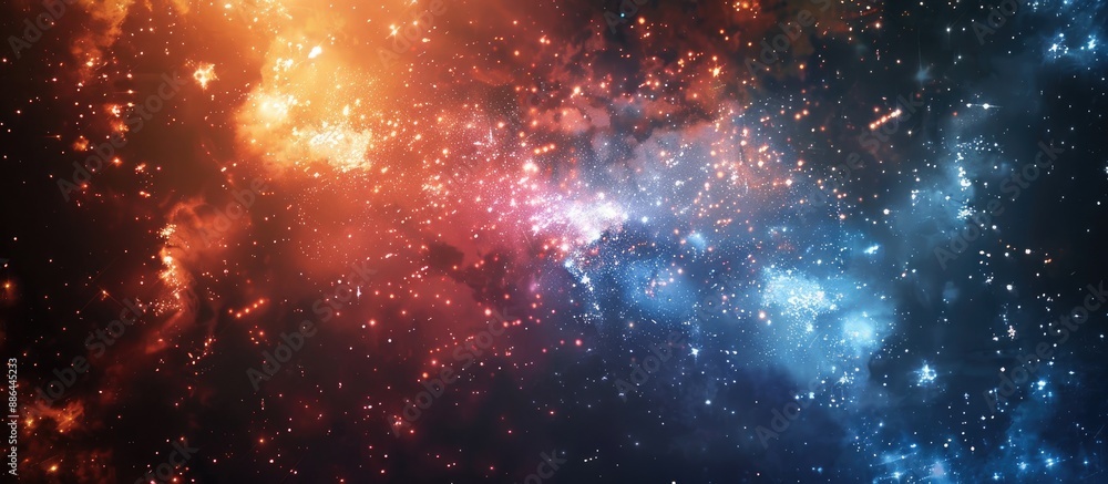 Obraz premium Vibrant orange and blue fireworks lighting up the night sky creating a spectacular display with a background of stars and copy space image