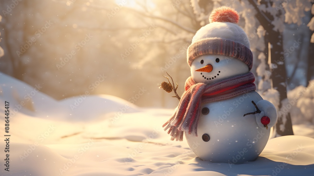 Obraz premium Adorable snowman in a winter landscape, donning a hat and scarf, with sunlight and soft shadows