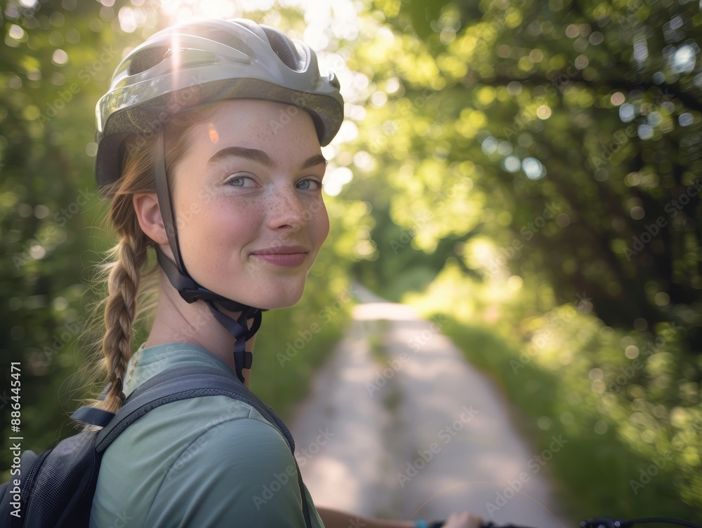 Happy Young Woman on a Scenic Bike Ride - Close-Up Shot of Joy and Freedom Happy Young Woman on a Scenic Bike Ride - Close-Up Shot of Joy and Freedom