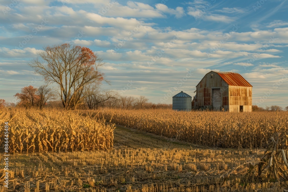Corn Field Landscape with Grain Bins and Farm Structures in Countryside near Germantown, Ohio, USA Corn Field Landscape with Grain Bins and Farm Structures in Countryside near Germantown, Ohio, USA