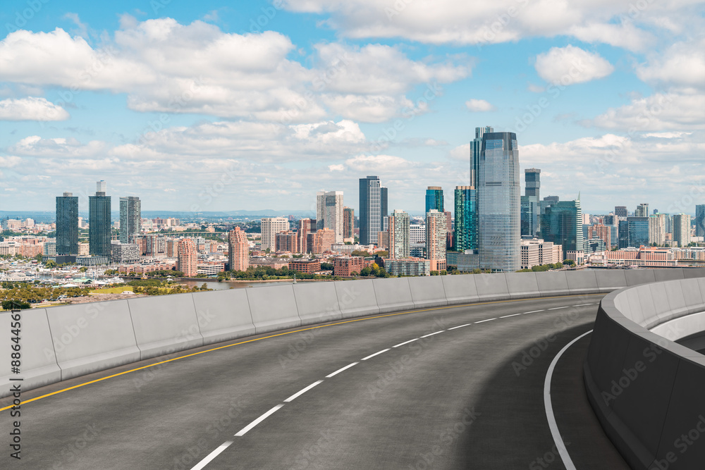 Empty urban asphalt road exterior with city buildings background. New modern highway concrete construction. Concept of way to success. Transportation logistic industry fast delivery. New York. USA. Empty urban asphalt road exterior with city buildings background. New modern highway concrete construction. Concept of way to success. Transportation logistic industry fast delivery. New York. USA.