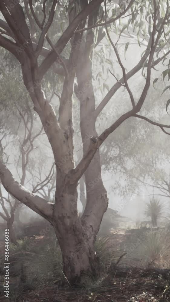 A foggy forest filled with lots of trees A foggy forest filled with lots of trees