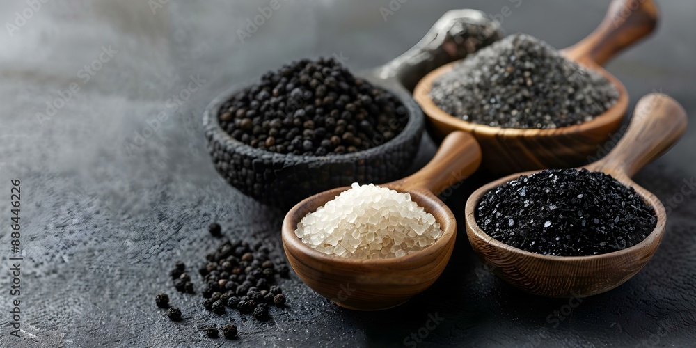 Varieties of Salt on Natural Background. Concept Salt crystals, Gourmet seasonings, Natural light, Food photography Varieties of Salt on Natural Background. Concept Salt crystals, Gourmet seasonings, Natural light, Food photography