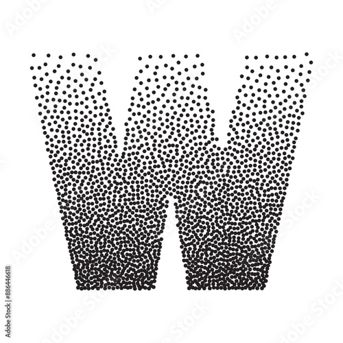 Halftone gradient grain letter W. Vector stipple dotted textured font