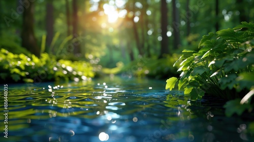 A tranquil waterway winding through a lush green forest, highlighted by reflective water and sunlight, capturing the essence of peacefulness and natural beauty.