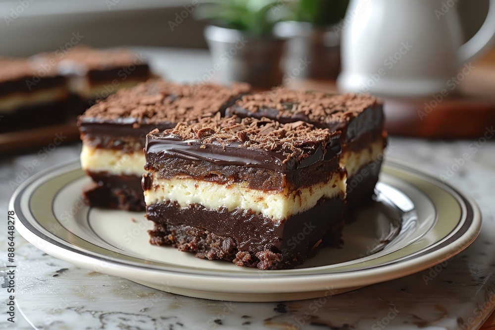 Canada: Nanaimo Bars Layered bars with a crumbly base, custard-flavored middle layer, and chocolate topping, cut into squares and served on a plate Canada: Nanaimo Bars Layered bars with a crumbly base, custard-flavored middle layer, and chocolate topping, cut into squares and served on a plate