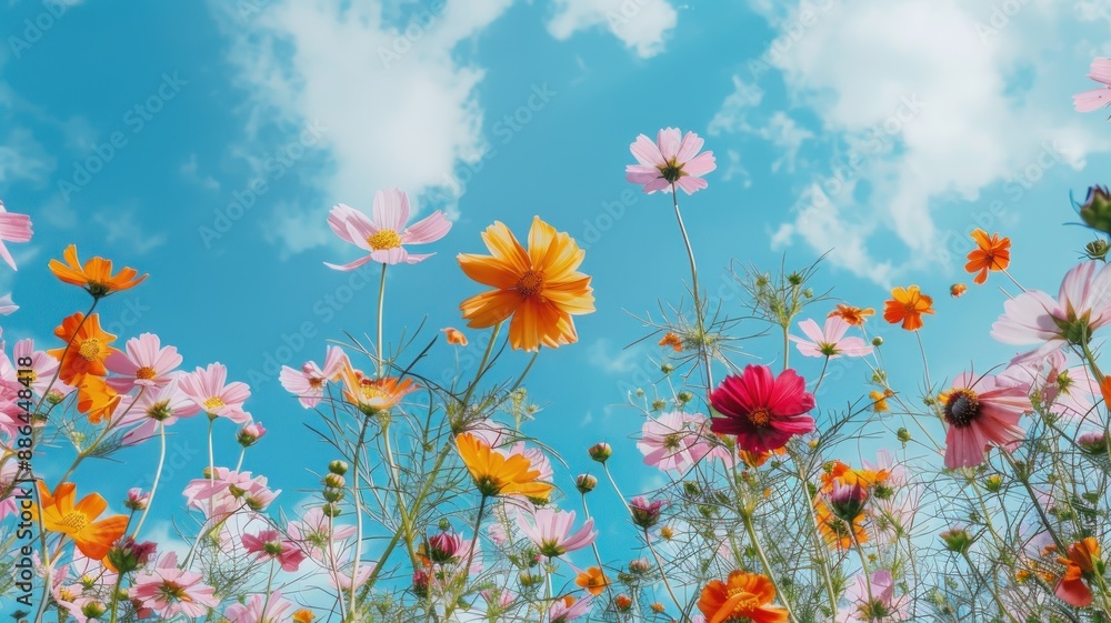 Obraz premium Colorful cosmos flowers in the meadow on a blue sky background.