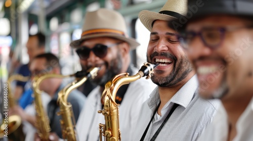 A group of saxophonists wearing hats and glasses enjoying their performance in a lively street setting, capturing the joy and unity of musical ensemble.