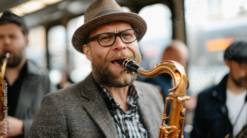 A bearded man wearing a hat and glasses passionately playing the saxophone in an urban setting, displaying deep immersion in his musical expression and skills. photo