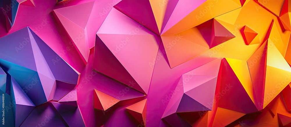 Neon lit geometric paper backdrop with vibrant colors for copy space image
