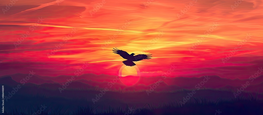 Fototapeta premium A bird silhouette soars towards a vibrant sunset in a banner style copy space image