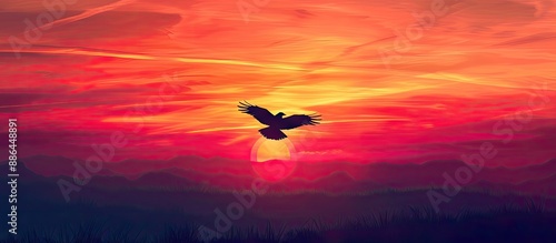 A bird silhouette soars tow...