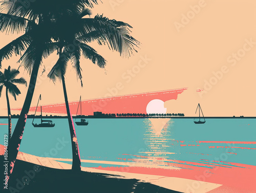 Risograph riso print travel poster, card, wallpaper or banner illustration, modern, isolated, clear, simple of Port St. Lucie, Florida, USA. Artistic, screen printing, stencil photo