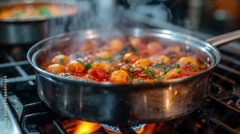 A steaming pot of rich tomato sauce bubbles on a stove, infused with herbs and ready to season any meal. A steaming pot of rich tomato sauce bubbles on a stove, infused with herbs and ready to season any meal.