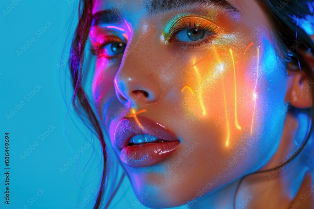 Close up of the face and lips of an attractive woman with colorful makeup. Close up of the face and lips of an attractive woman with colorful makeup.