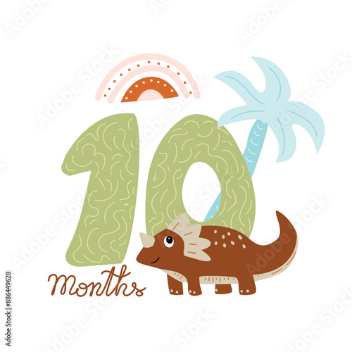 Baby month anniversary for a newborn. Baby milestone card for newborn with a cute dinosaur and rainbow. Babyshower print element in soft pastel shades