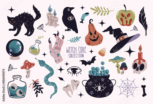 A mystical set of Witch core stickers. Witchcraft aesthetic Bohemian clip art. Perfect for Halloween posters, designs, invitation cards, decoration. 