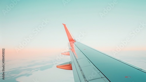 A close-up of an airplane wing against a clear sky, with space for overlaying text and images