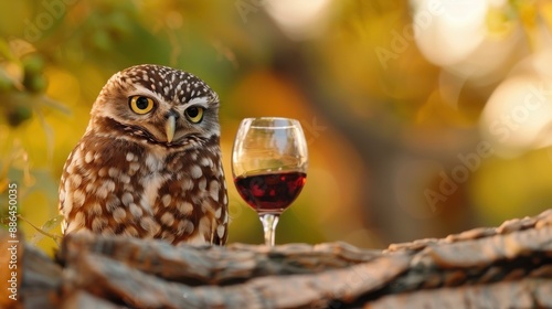 A charming owl is perched on a branch next to a glass of red wine, surrounded by a vibrant outdoor scene featuring warm, glowing colors reminiscent of sunset or autumn. photo