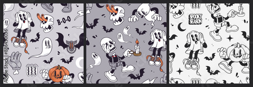 Groovy retro 30s Halloween seamless pattern. Cartoon elements. Gloved ghosts, gloved pumpkin with boots, zombie hand, skeleton boy, bats, skull. Spooky Season. Trendy retro cartoon style.