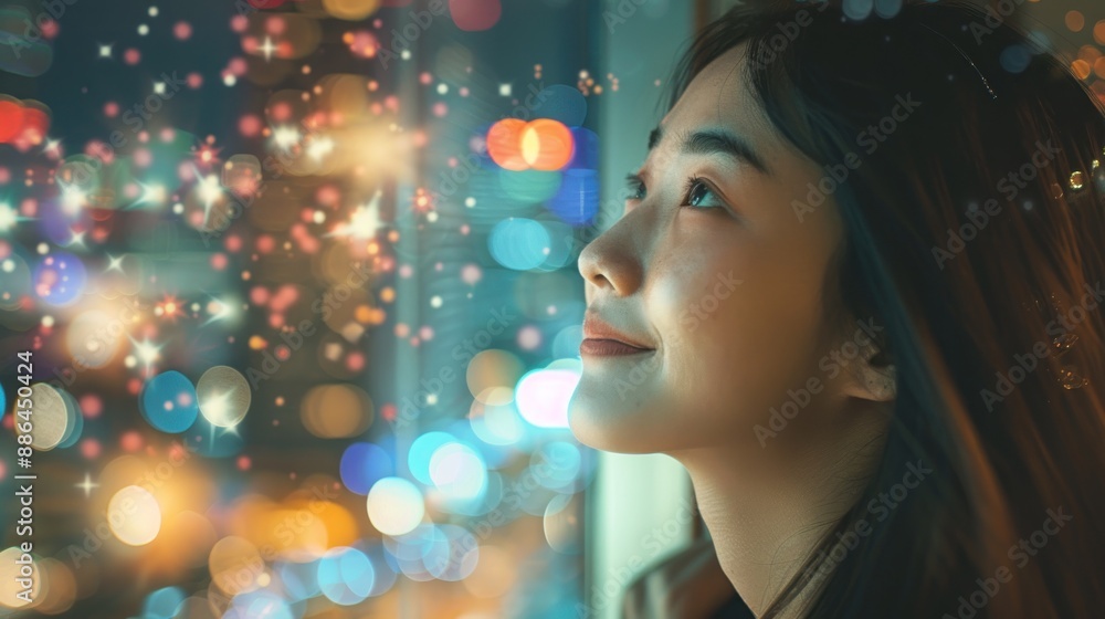 Woman smiling and looking at a fireworks display on a city background, for a New Year concept. Woman smiling and looking at a fireworks display on a city background, for a New Year concept.