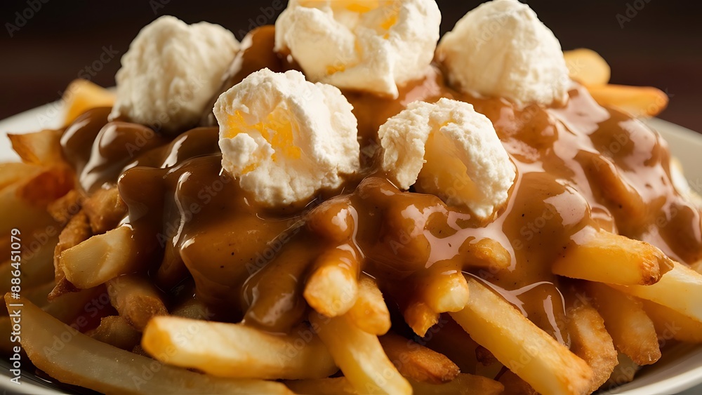 Delicious Poutine with cheese curds french fries on the table. so juicy and yummy Delicious Poutine with cheese curds french fries on the table. so juicy and yummy