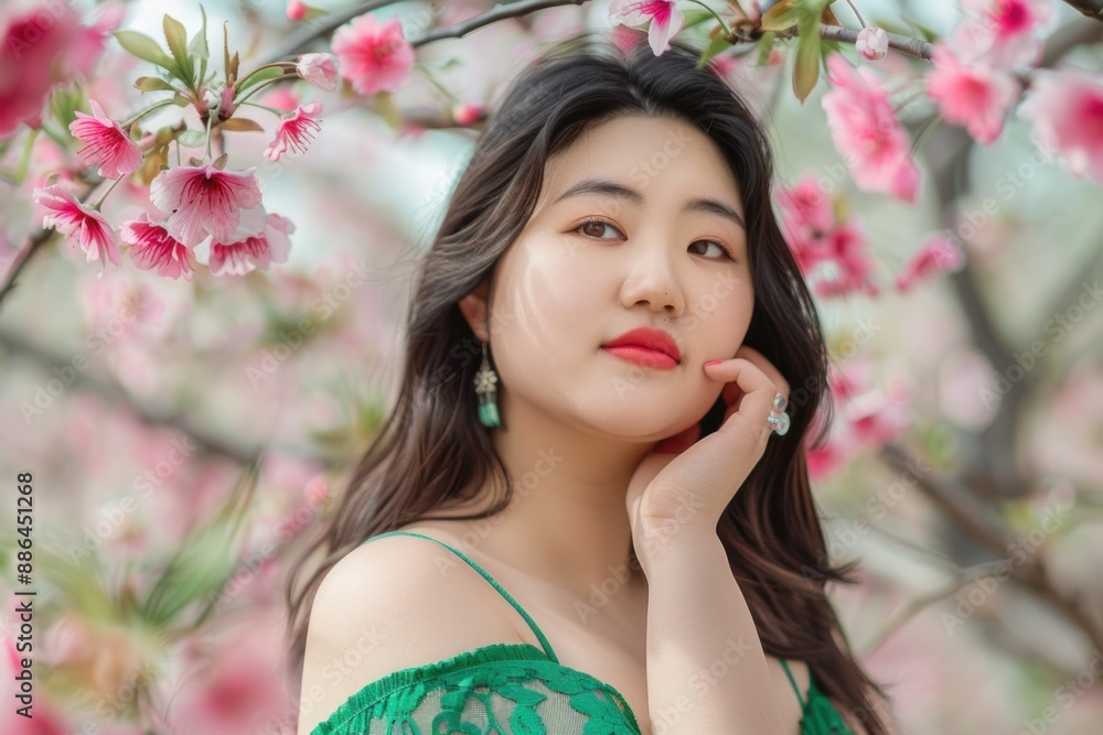 Asian fat beauty in a green dress, under a cherry blossom tree. Asian fat beauty in a green dress, under a cherry blossom tree.