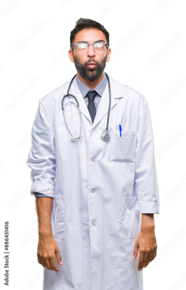 Adult hispanic doctor man over isolated background making fish face with lips, crazy and comical gesture. Funny expression. Adult hispanic doctor man over isolated background making fish face with lips, crazy and comical gesture. Funny expression.