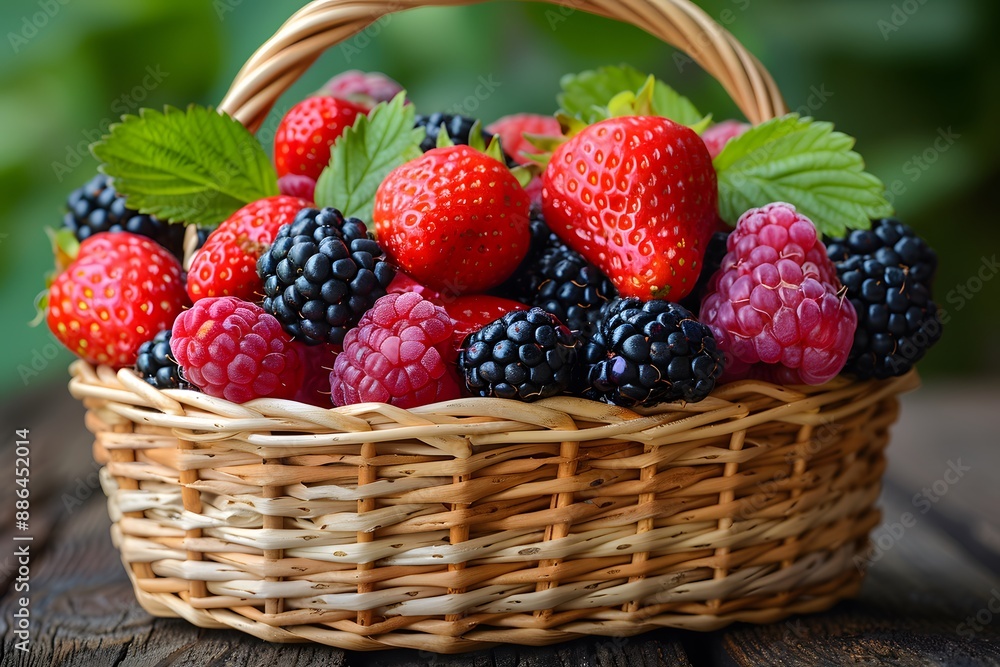 Fresh Summer Berries in Wicker Basket on Wood Table - Ideal for Healthy Living and Outdoor Decor Fresh Summer Berries in Wicker Basket on Wood Table - Ideal for Healthy Living and Outdoor Decor