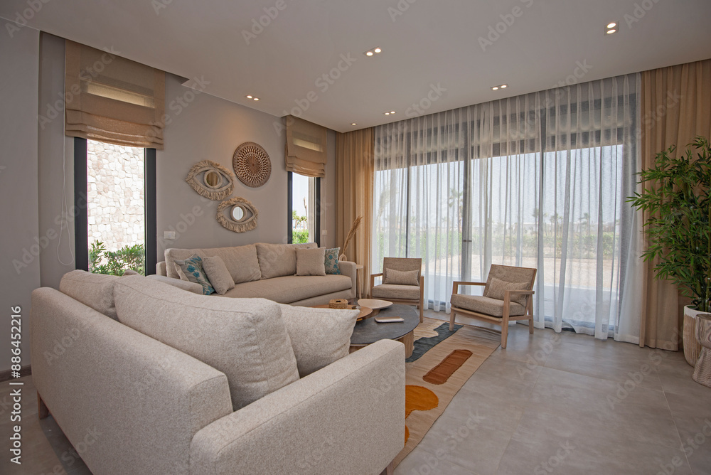 Fototapeta premium Interior design of luxury apartment living room with patio