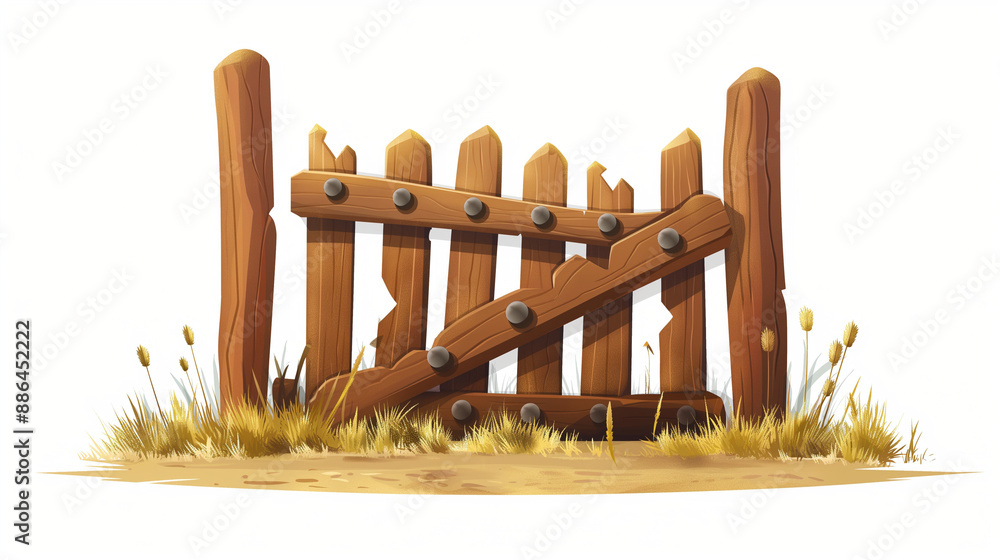 Obraz premium wooden fence with grass illustrations background 