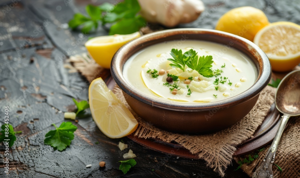 Traditional greek lemon soup avgolemono on rustic background Traditional greek lemon soup avgolemono on rustic background