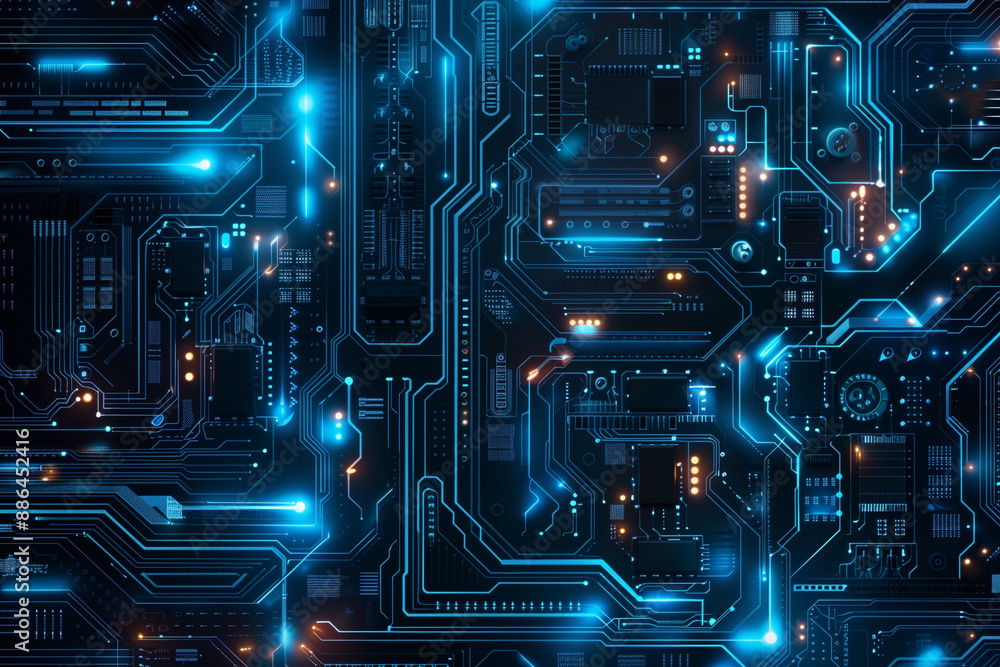 A wallpaper featuring a sleek and futuristic circuit board design with glowing blue accents. A wallpaper featuring a sleek and futuristic circuit board design with glowing blue accents.